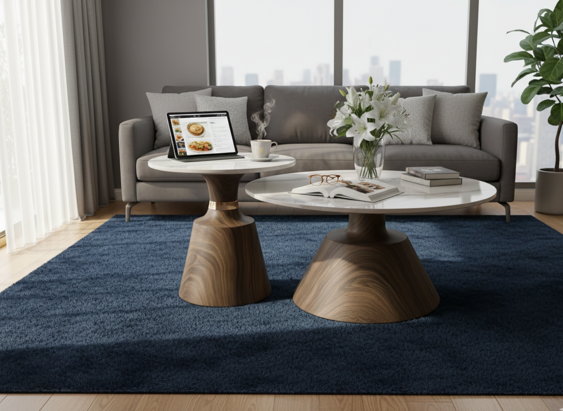 Modern marble-top nesting coffee tables with gold or chrome metal base for living room décor