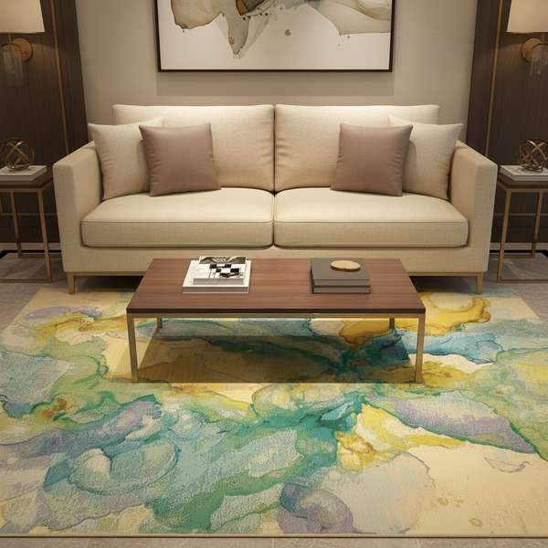 Gemelli Collections Oriental Weavers Isla KBORIE135 yellow green blue watercolor abstract rug for indoor and outdoor use.