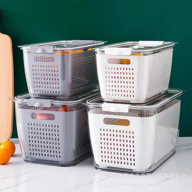 2 piece double layer refrigerator freshness storage box set with removable drain basket