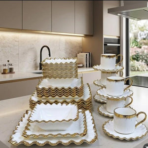 30pcs square ceramic dinner set with gold rims, including dinner plates, side plates, soup bowls, mugs and cup saucers.