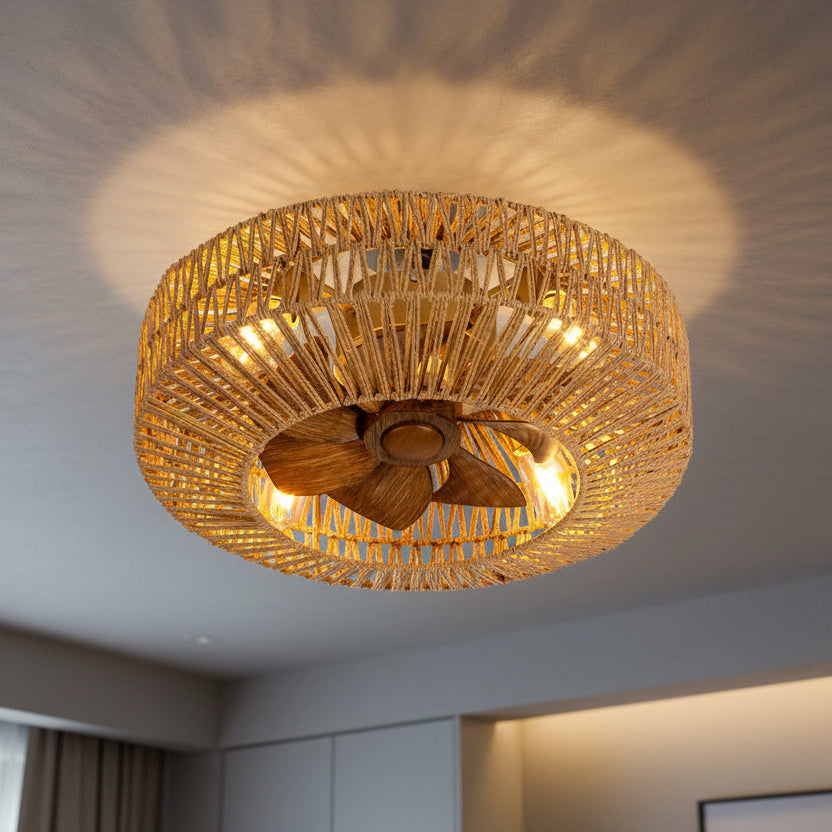 Eco-rustic woven ceiling fan light with 4 E27 bulbs and wooden finish blades for indoor use