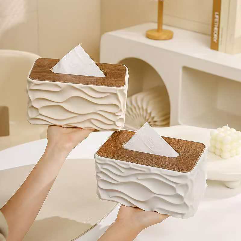 Gemelli Colllection wave texture tissue box serviette holder modern tissue organizer with wood look top cover decorative tissue dispenser white beige countertop tissue storage box elegant home office café hotel décor accessory