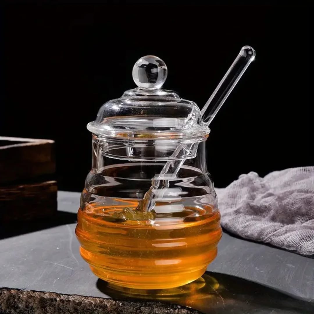 250ml Glass Honey Dispenser with Dipper – Elegant Drip-Free Honey Jar for Syrup and Honey Serving in Kitchen and Dining Use