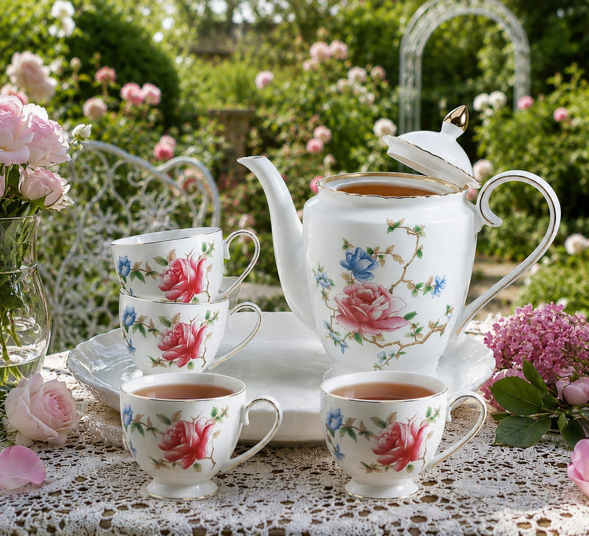 Porcelain tea set with rose pattern including teapot six cups and rotating serving tray elegant floral tea service set for home entertaining and tea parties.