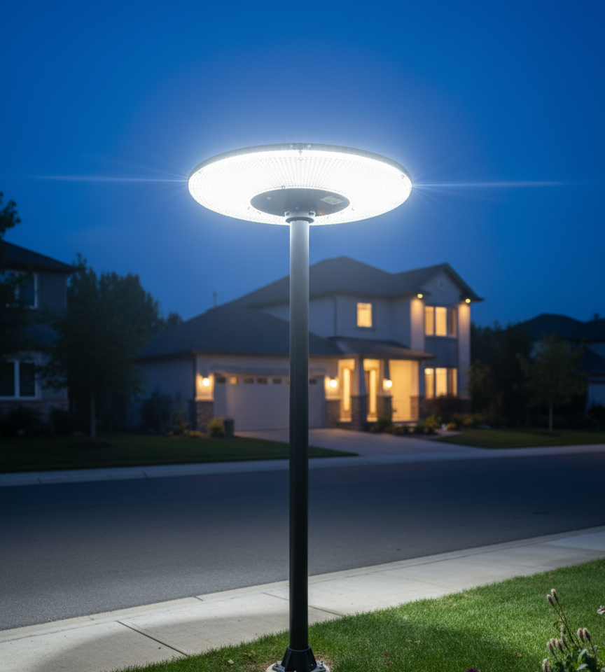 1000W UFO solar street light for outdoor use with automatic sensor and waterproof design.