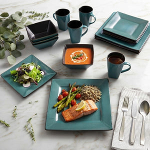 24-piece square ceramic dinner set with 6 cups, 6 side plates, 6 soup bowls and 6 dinner plates for everyday dining, family meals, entertaining guests and gifting.