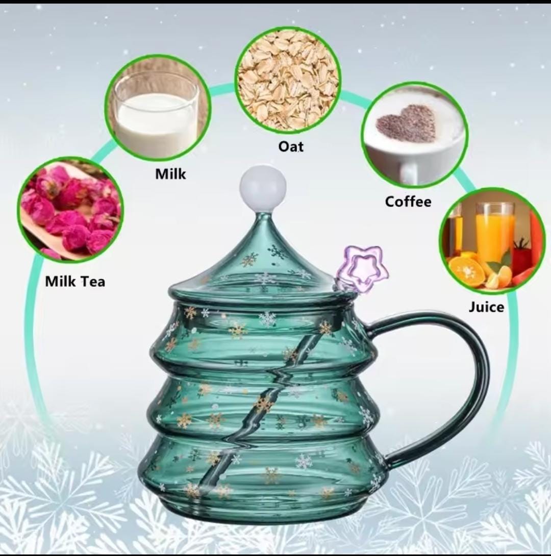 Christmas Snowflake Borosilicate Glass Cup with Lid and Spoon Gift Set 400ml