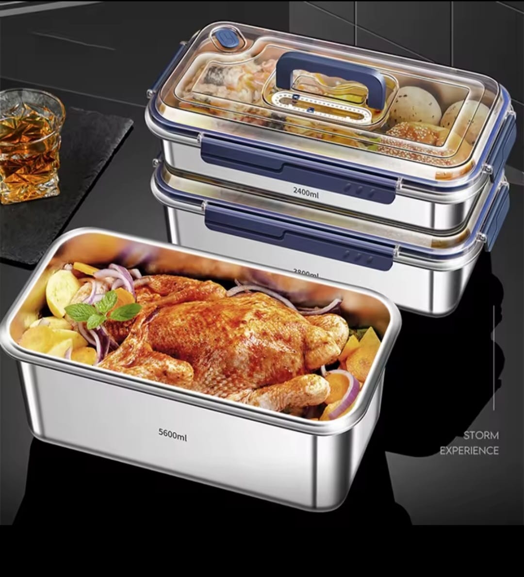 Large capacity food grade stainless steel kitchen storage container with leak proof design and date indicator, available in 2400ml, 3800ml and 5600ml.