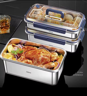 Large capacity food grade stainless steel kitchen storage container with leak proof design and date indicator, available in 2400ml, 3800ml and 5600ml.