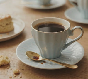 Gemelli Collections 6 piece blue ceramic cup and saucer set with 170ml cups and 14 cm saucers.