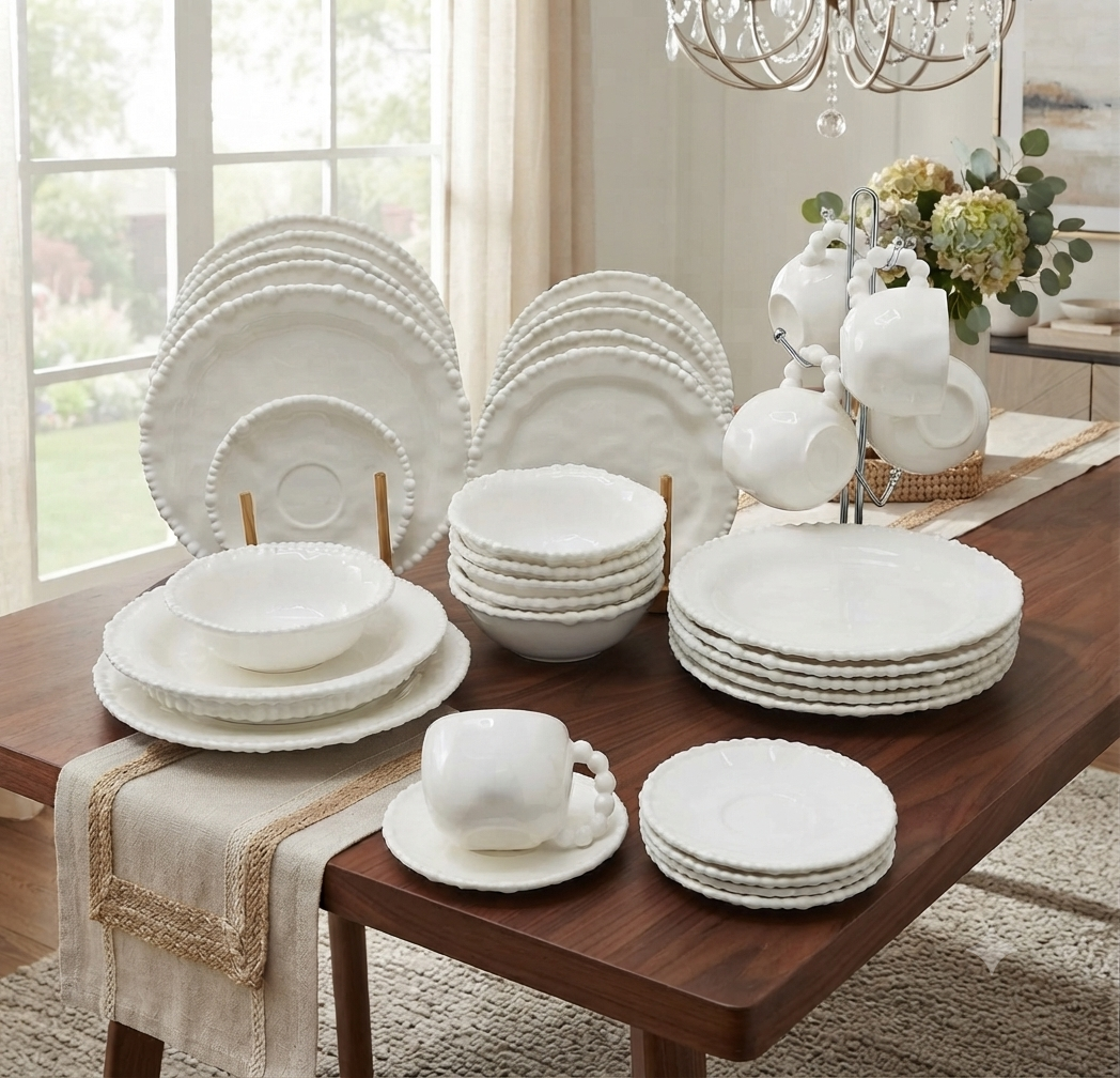 36 piece pearl rim white ceramic dinnerware set with beaded edge design including dinner plates side plates bowls cups and saucers for elegant dining