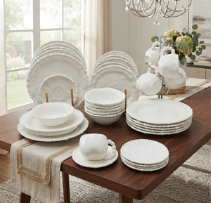 36 piece pearl rim white ceramic dinnerware set with beaded edge design including dinner plates side plates bowls cups and saucers for elegant dining