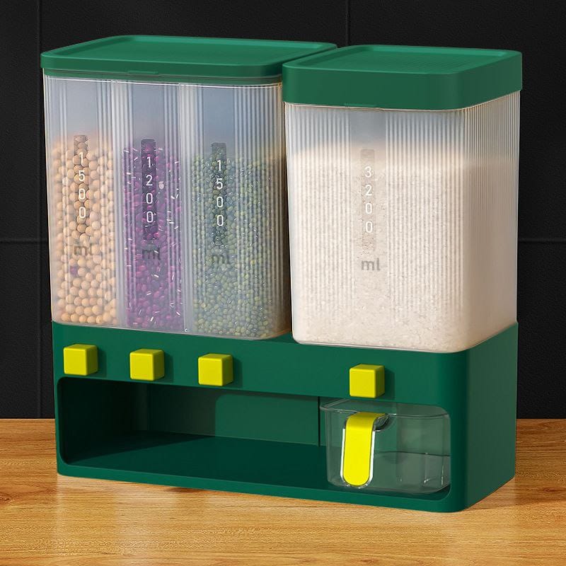 4-compartment cereal and grain dispenser 10 litre PP food storage container with movable partitions for rice cereals beans grains pantry organisation and kitchen storage.