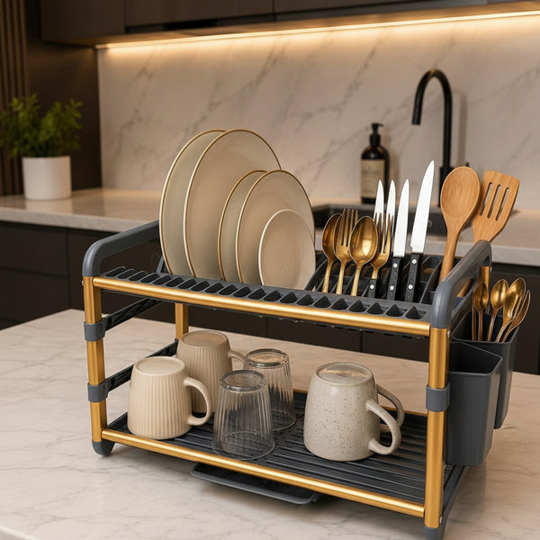 2 tier aluminium dish drainer measuring 60.9 × 34.2 × 26.7cm for kitchenware storage and drying
