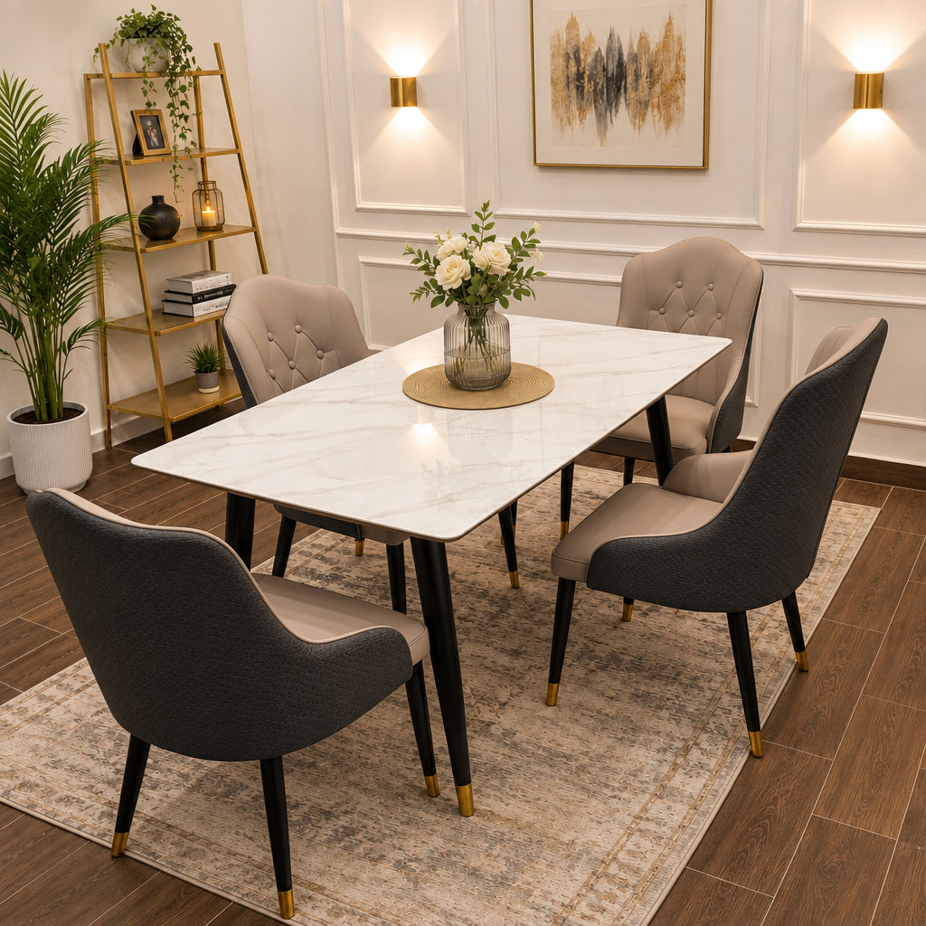 White Marble 4-Seater Dining Set, Sintered Stone Table with Grey Button-Tufted Rattan Chairs -Gemelli Collection
