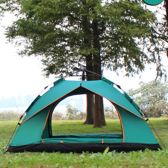 Gemelli Collections 1-2 person automatic camping tent in green with orange trim, waterproof pop-up dome tent with mesh ventilation and carry bag.