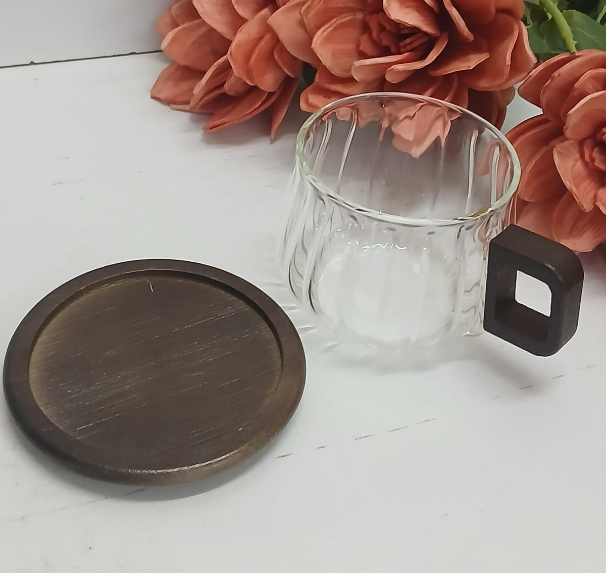 Glass Cup Set with Wooden Handle & Wooden Coaster 240ml