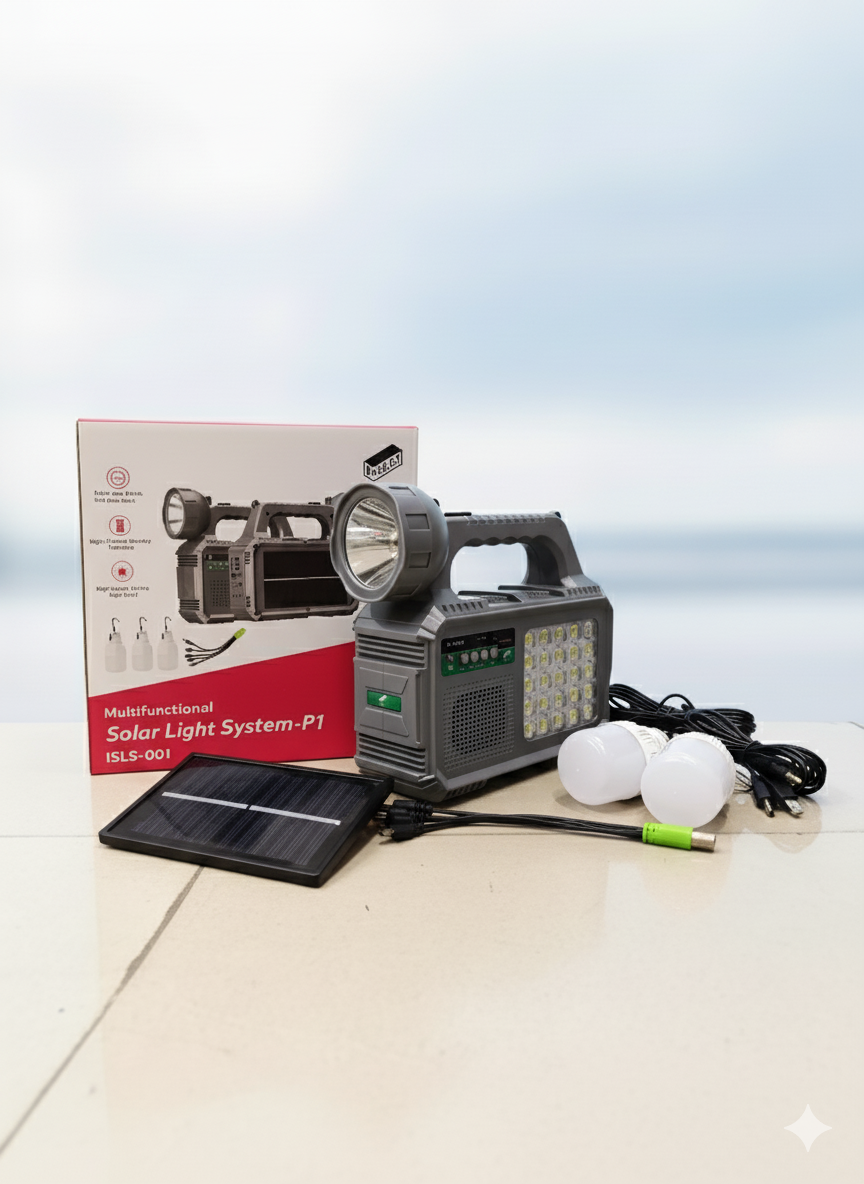 Portable solar power kit for home and outdoor use with lighting, USB charging, and built-in battery