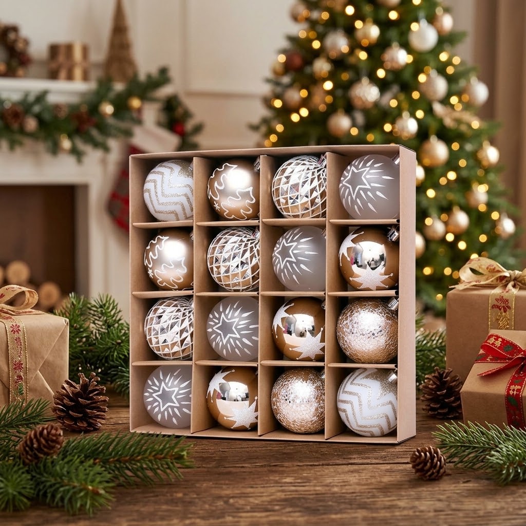 Christmas Tree Baubles, Gold & White 16pc 6cm Ornament Set
