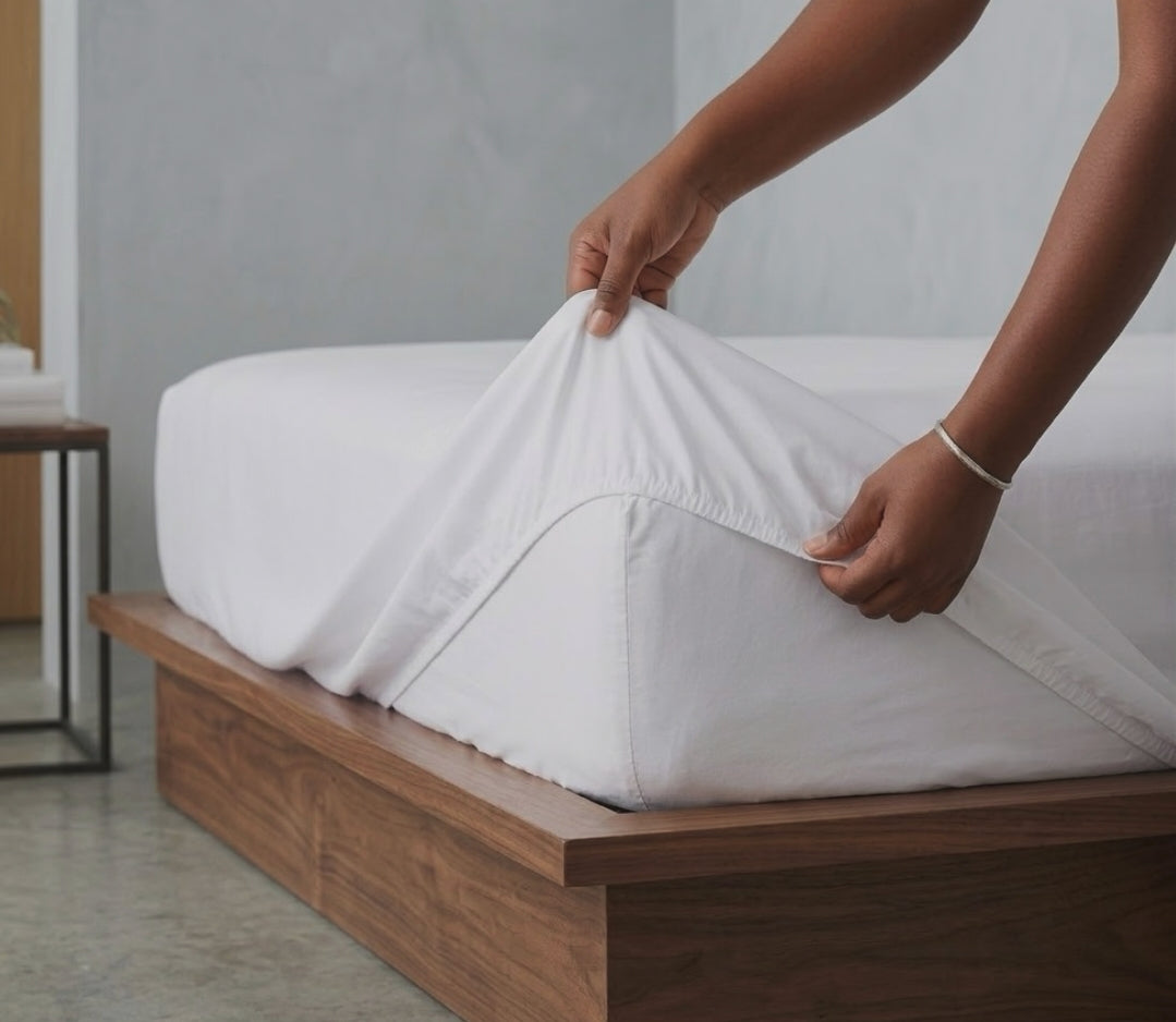White striped fitted bedsheet set in 6x7 size made from cotton, including one flat sheet, one fitted sheet, and four pillowcases for everyday bedroom use