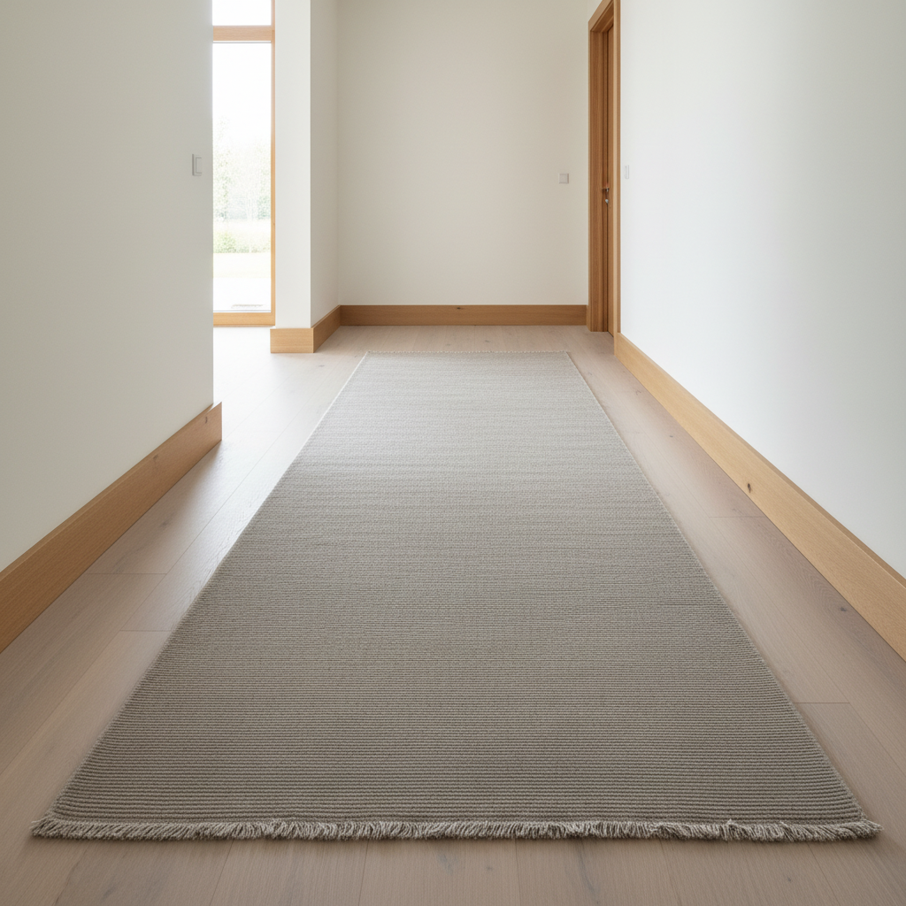 Gemelli Collections Oriental Weavers Fuwwa KBORIE218 solid taupe ribbed jute look corridor runner rug.