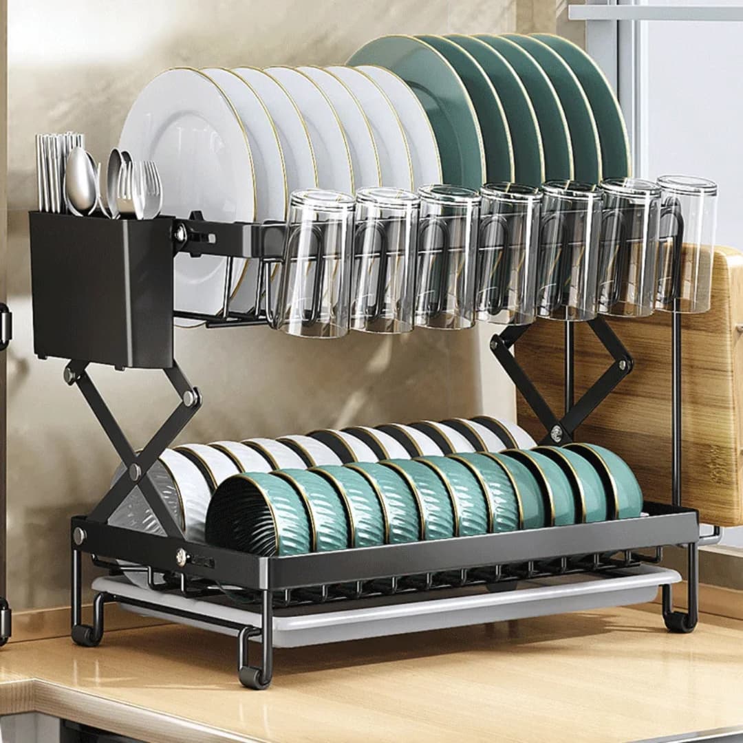 Gemelli Colllection modern 2 tier kitchen dish drying rack foldable countertop organiser black metal dish rack plate bowl cup utensil holder removable drain tray kitchen storage rack space saving dish drainer