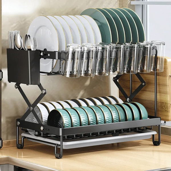 Gemelli Colllection modern 2 tier kitchen dish drying rack foldable countertop organiser black metal dish rack plate bowl cup utensil holder removable drain tray kitchen storage rack space saving dish drainer