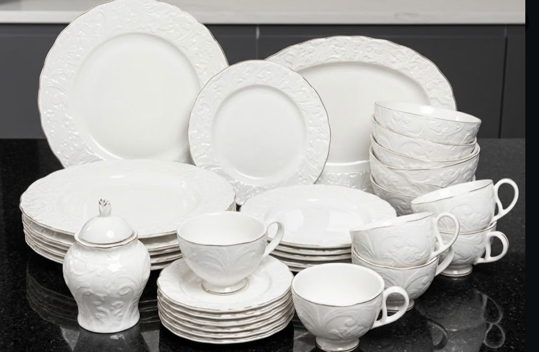 39-Piece White Embossed Porcelain Dinner Set with Gold Rim