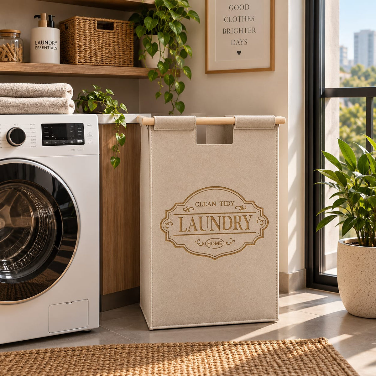 Foldable laundry basket with lid and handles measuring 34×52cm for storing clothes, toys and household items.