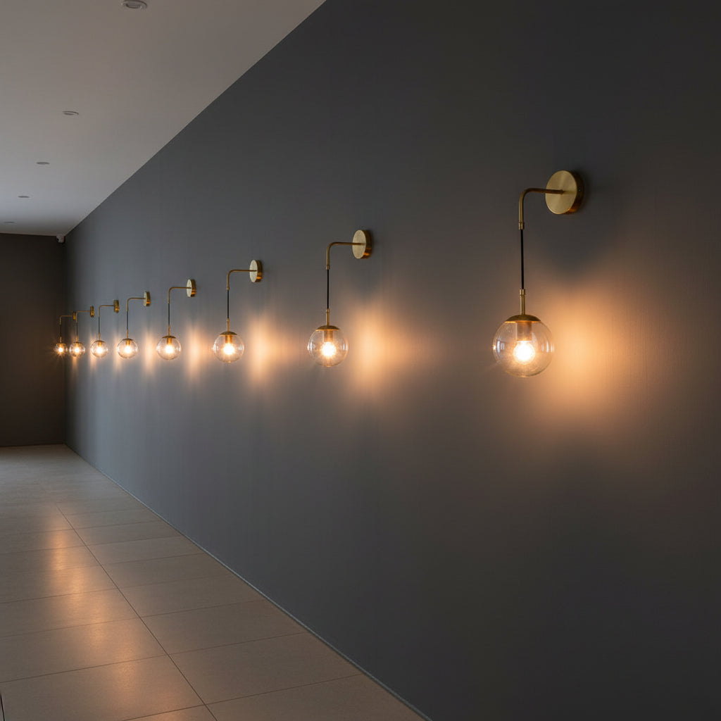 Golden curved arm wall lamp with clear glass shade, elegant E27 decorative indoor lighting fixture