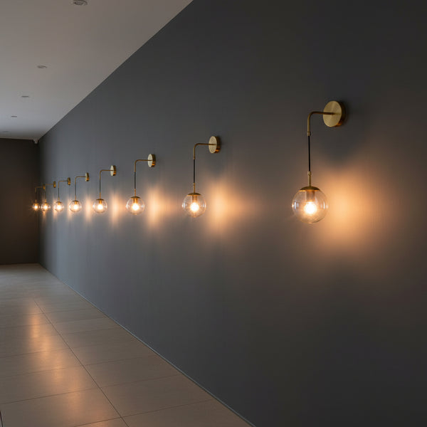 Golden curved arm wall lamp with clear glass shade, elegant E27 decorative indoor lighting fixture