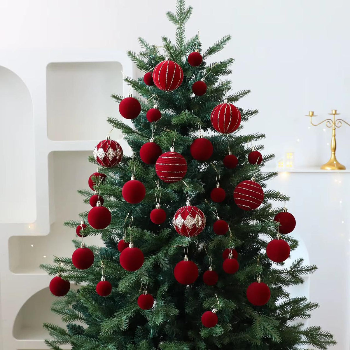 36 Pieces Burgundy Velvet Christmas Baubles with Gold Glitter Detailing