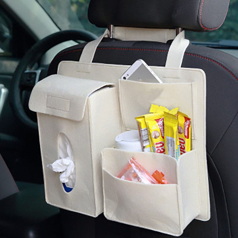 Gemelli Colllection car backseat storage organizer with multiple compartments for tissues phones tablets drinks snacks toys and travel accessories durable seat back organiser for keeping vehicle interiors neat and organised