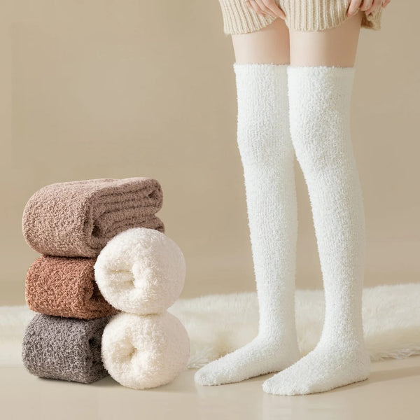 Winter Coral Fleece Over Knee Socks – Plush Thigh High Warm Home Sleep Floor Socks Soft Solid Colour