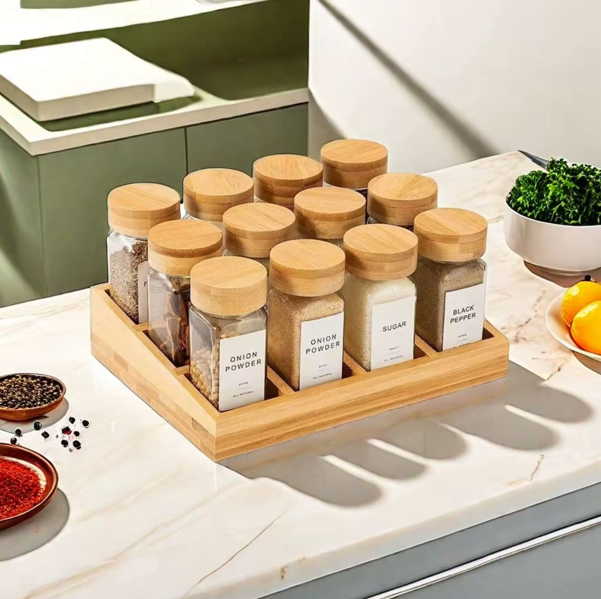 12-piece spice jar set with labelled jars and square bamboo rack for organised storage of spices herbs and seasonings in the kitchen