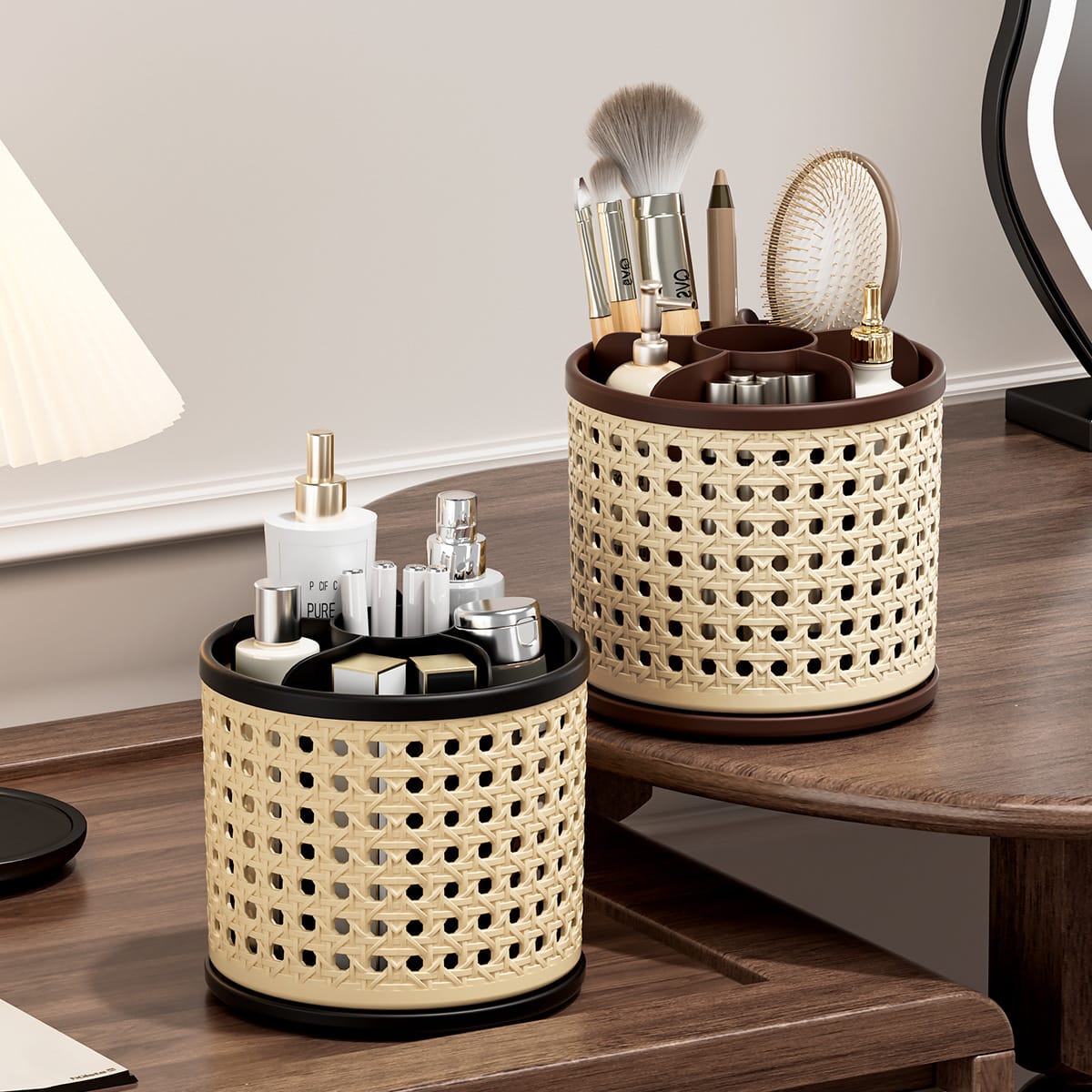 Gemelli Collections Retro Rattan Rotating Storage Organiser 360 degree makeup brush pen and stationery holder
