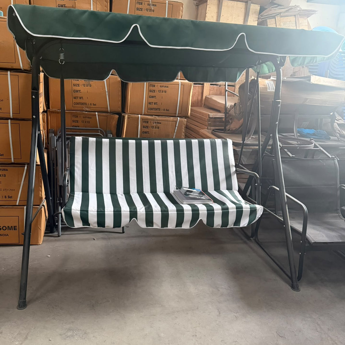 3 Seat Garden Swing Chair with Canopy Green & White Candy Stripe