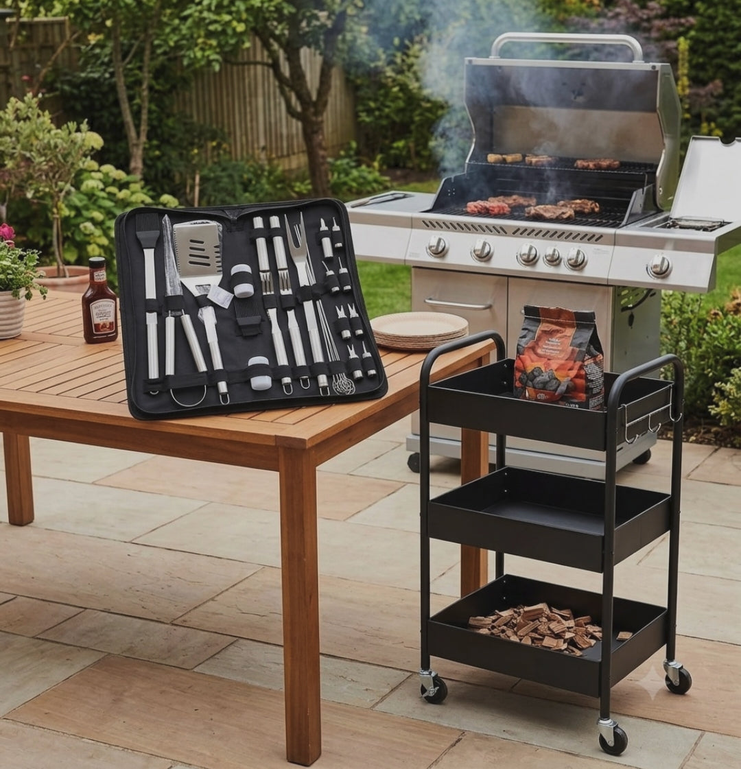 BBQ Grill Utensils Tool Set – Stainless Steel Barbecue Accessories with Portable Storage Case for Camping, Picnics, Garden Parties, and Outdoor Grilling