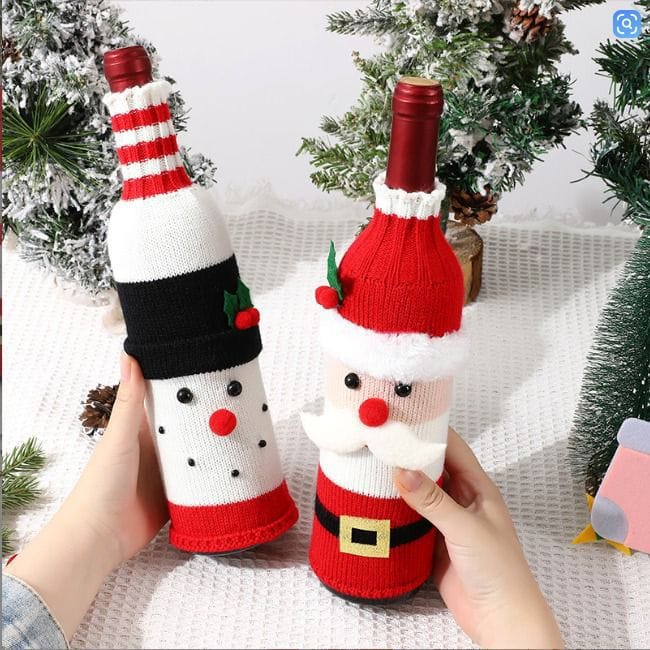 Woven Christmas Wine Bottle Covers Santa and Snowman Designs