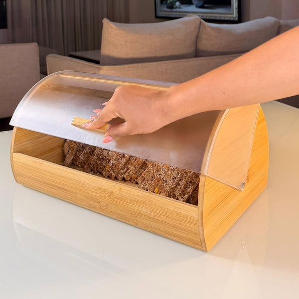 bamboo bread box with frosted acrylic roll top clear lid natural bamboo bread storage container for bread loaves buns pastries and baked goods countertop organiser