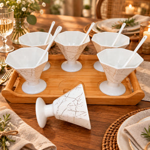 ice cream cups with ceramic spoons and bamboo rack, a coordinated dessert serving set for ice cream, yoghurt, pudding and other sweet treats at home, gatherings and special occasions.