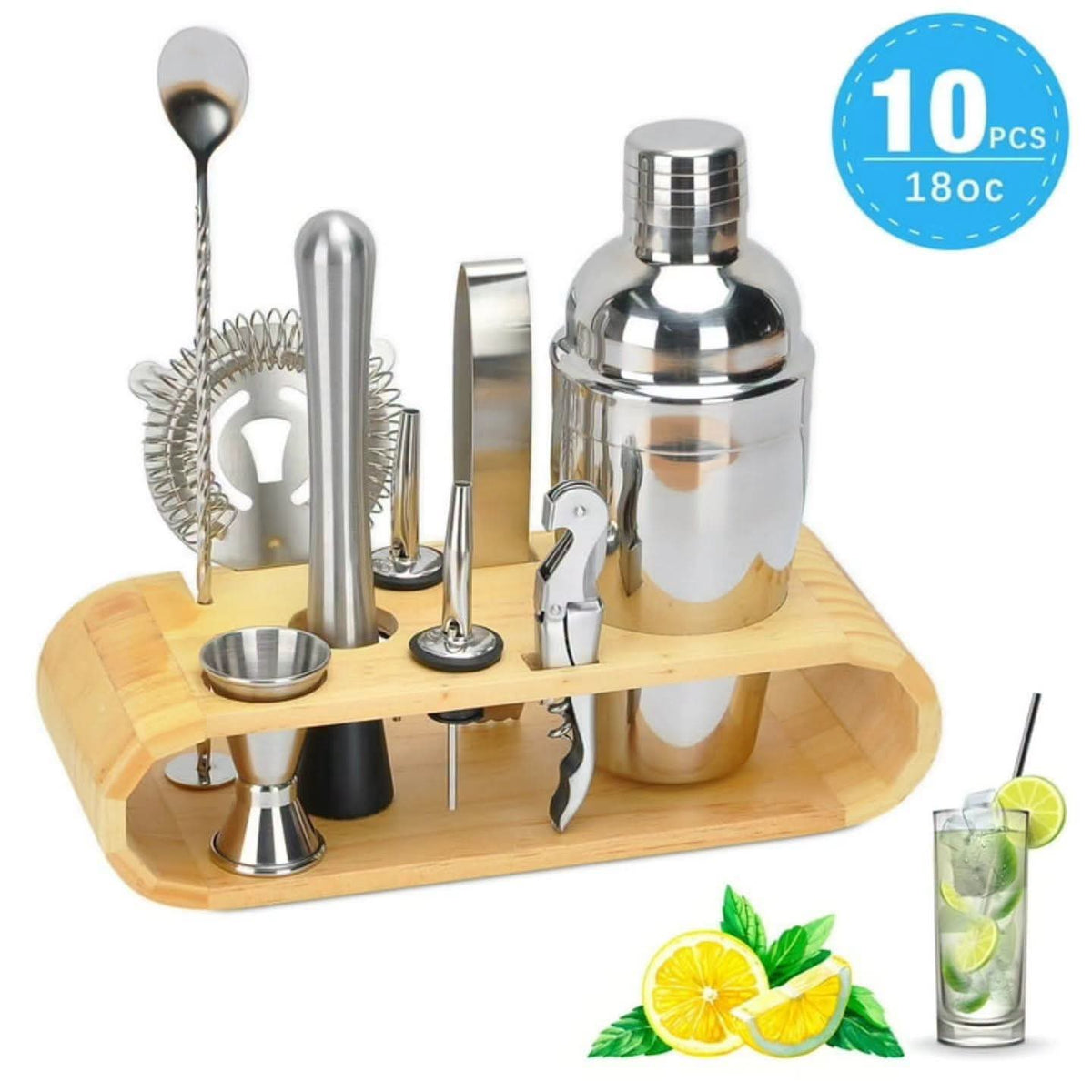 10 Piece Stainless Steel Cocktail Shaker Set with Bamboo Stand