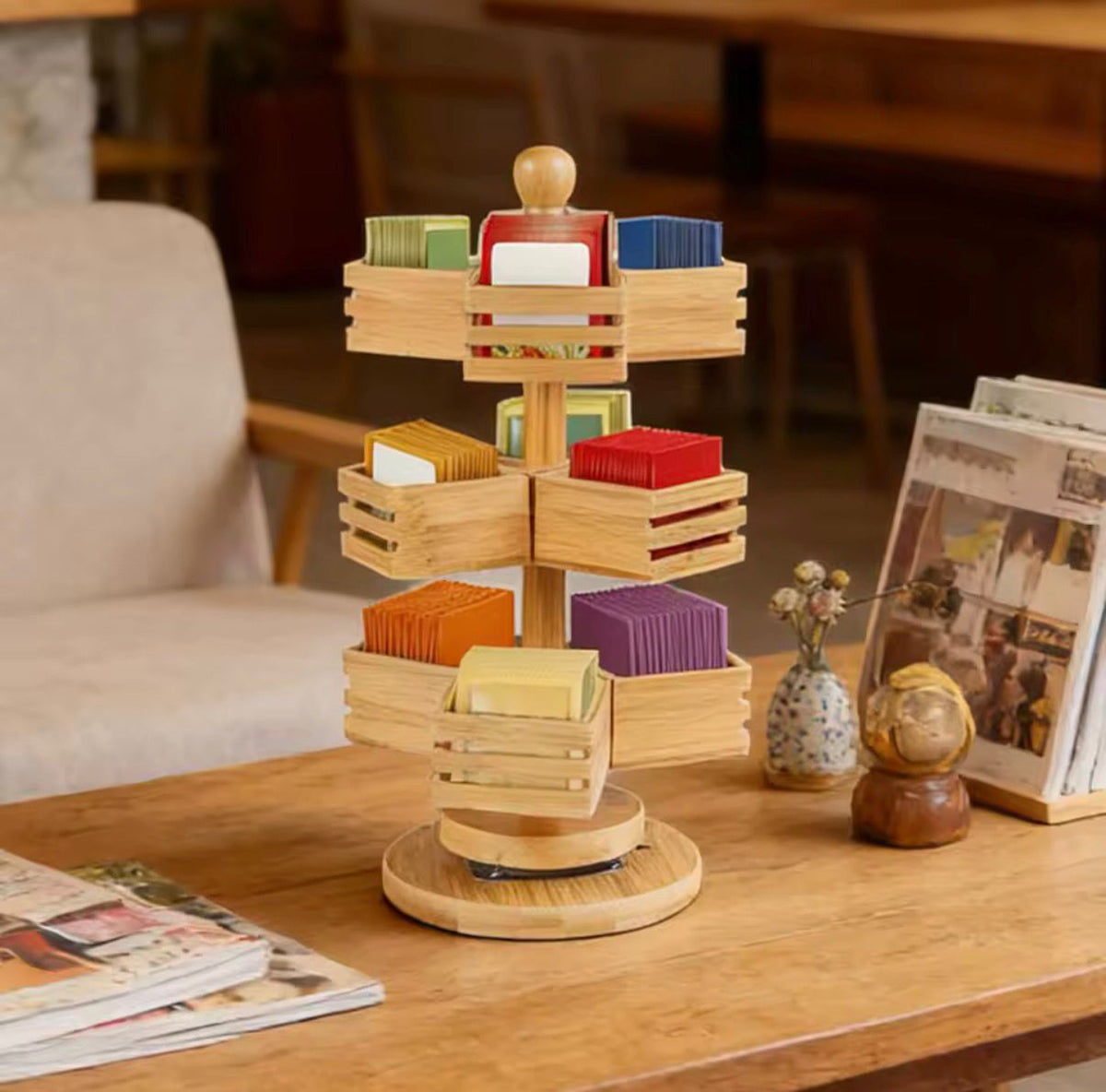 3 tier rotating bamboo tea bag organizer with natural light brown finish for kitchen tea storage