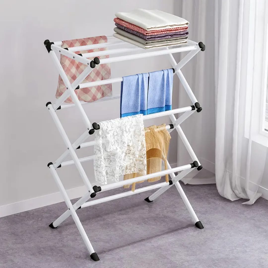 3-tier retractable floor standing clothes drying rack metal laundry airer for clothes towels bedding balcony drying indoor outdoor laundry organisation and space-saving garment storage.