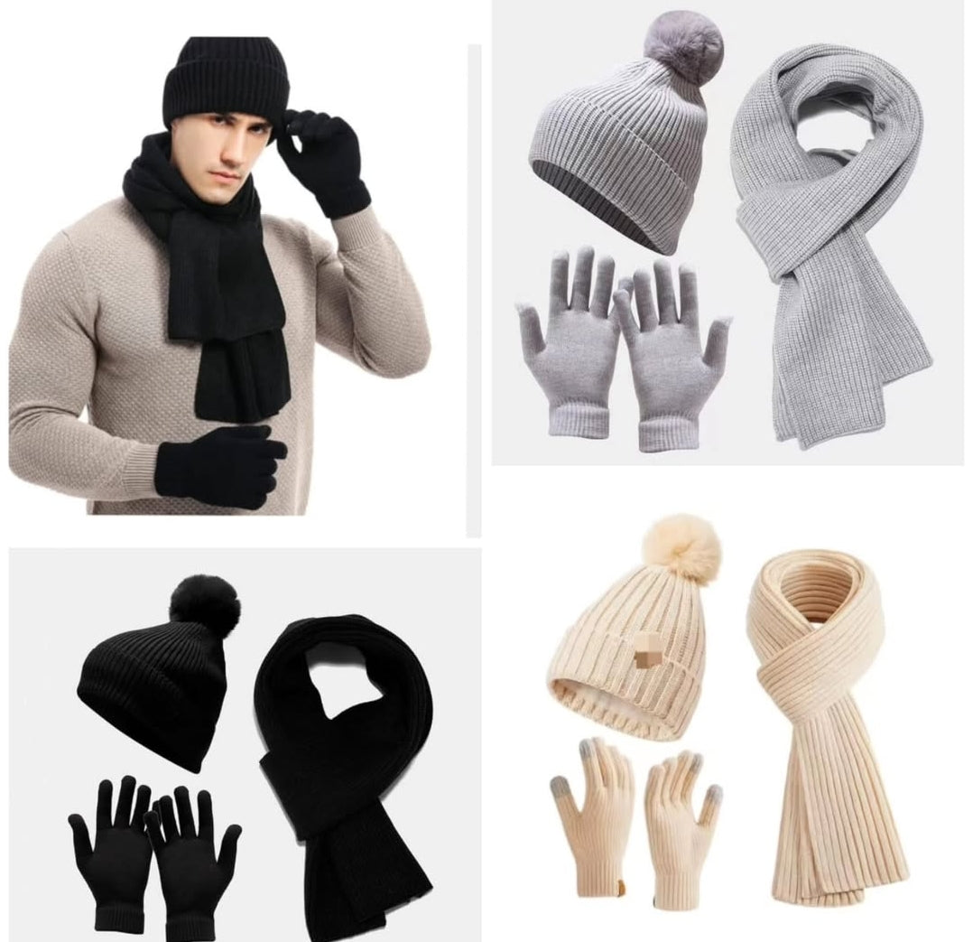 3 in 1 Winter adult Beenie hats ,Scarf set and Gloves