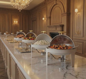 Gemelli Collections 6L white double roll top chafing dish for keeping food warm at buffets, events, hotels, restaurants and catering setups.
