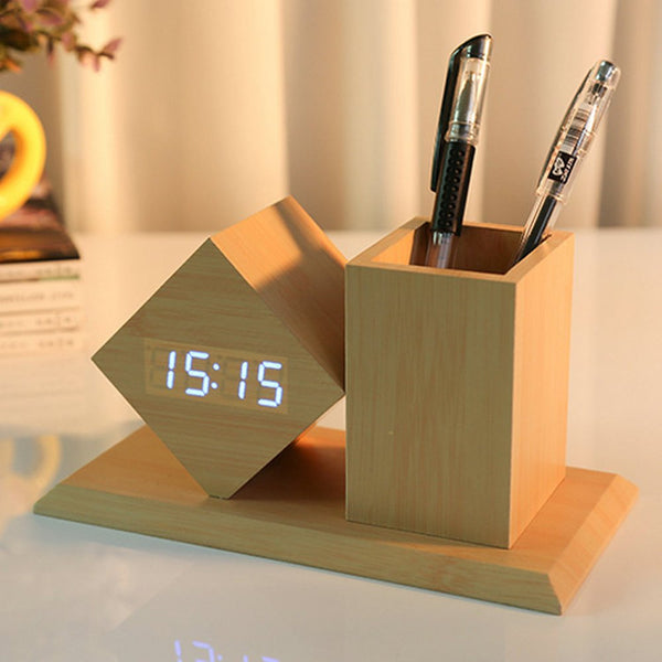 Desk Organizer, Bamboo Pen Holder with LED Alarm Clock