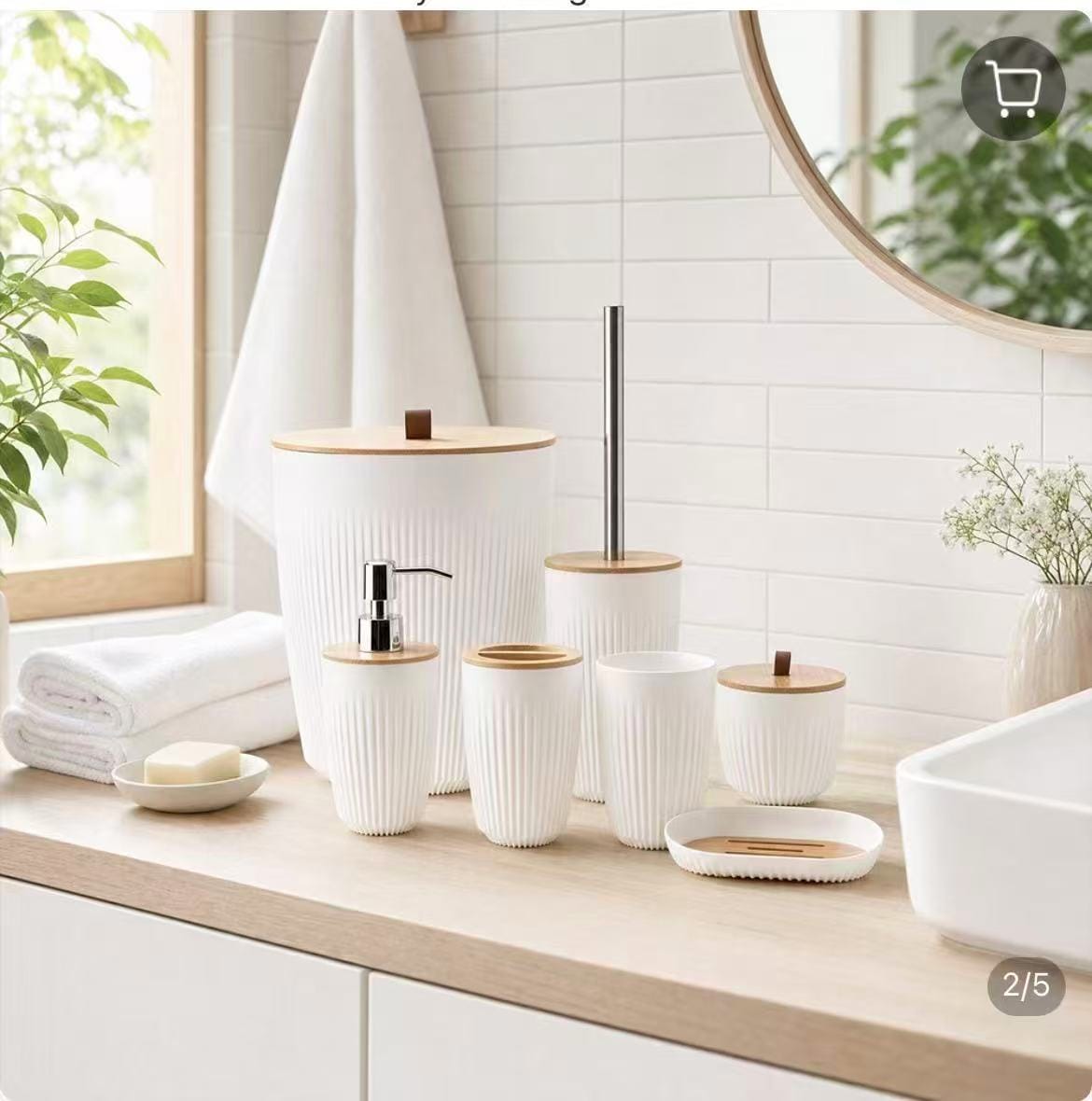 Gemelli Collections 7 in 1 Bathroom Accessories Set with Wooden Top Trash Can Toilet Brush Lotion Dispenser Toothbrush Holder Soap Dish