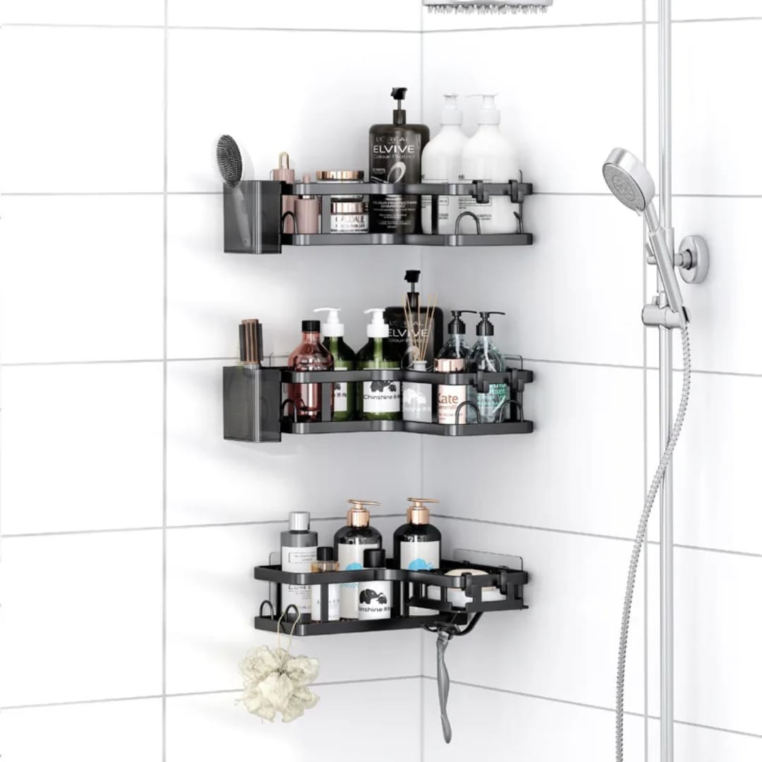 3-piece corner bathroom rack set for organising shampoo, conditioner, body wash, skincare products, toiletries, and bathroom accessories in shower and bathroom corners.