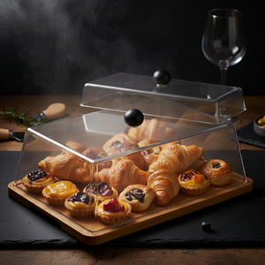Rectangular bamboo cake stand with clear acrylic dome cover used for serving cakes, fruits, and snacks.